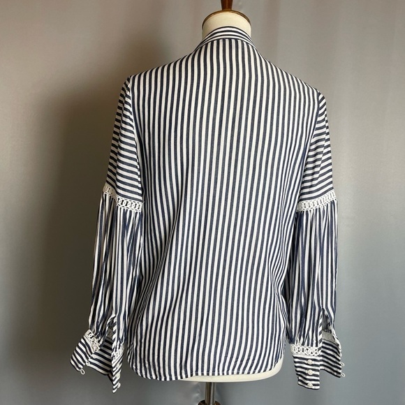 Ann Taylor Navy White Striped Balloon Sleeve Top Blouse - Size XXSP - Picture 7 of 15